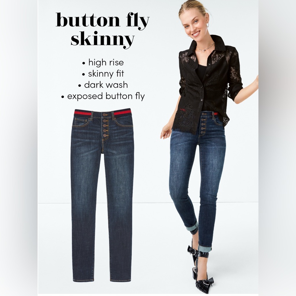 Cabi dark denim button fly skinny, tapered ankle, red and navy waist band size 8